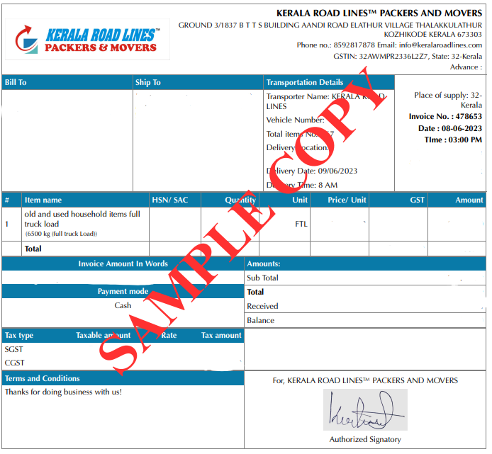 Packers Movers Bill for Claim in Kanhangad