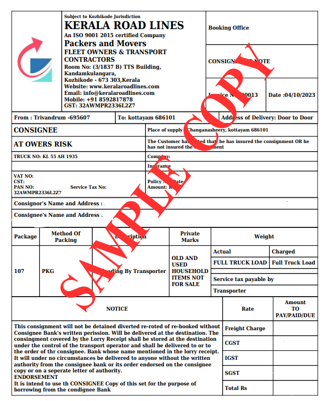Bill For Claim Lorry Receipts