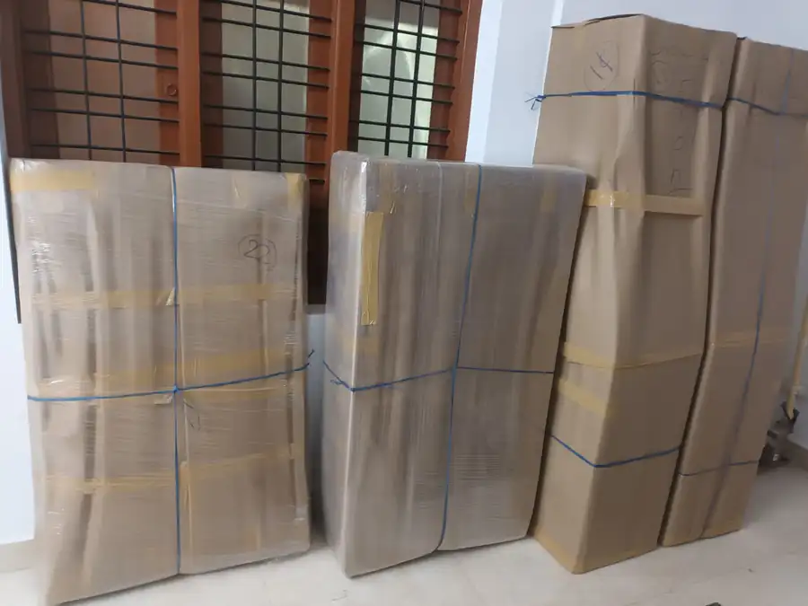 Packed furniture numbered and lined up, ready for the truck